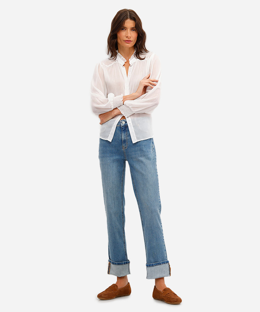 calça reta feminina jeans cintura média azul