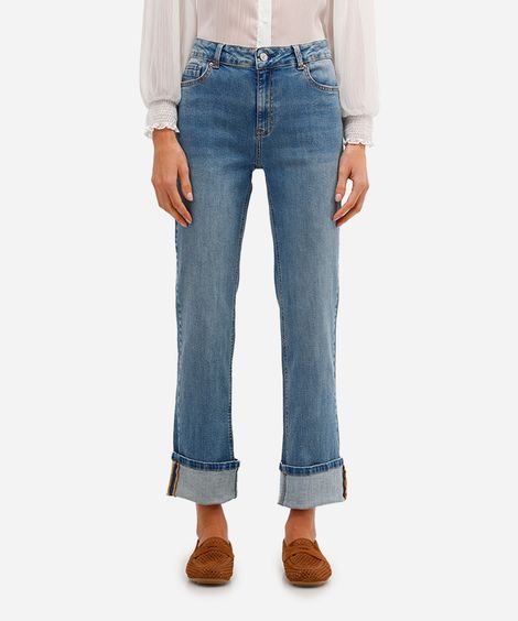 calça reta feminina jeans cintura média azul