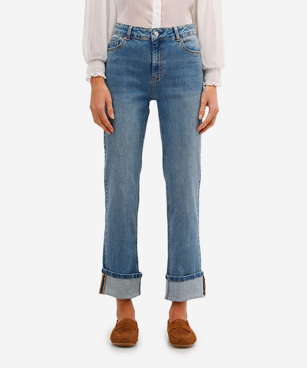 calça reta feminina jeans cintura média azul