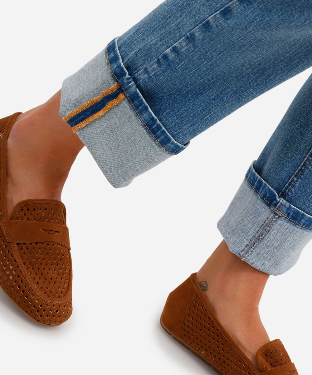 calça reta feminina jeans cintura média azul