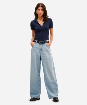 calça baggy feminina jeans cintura média azul