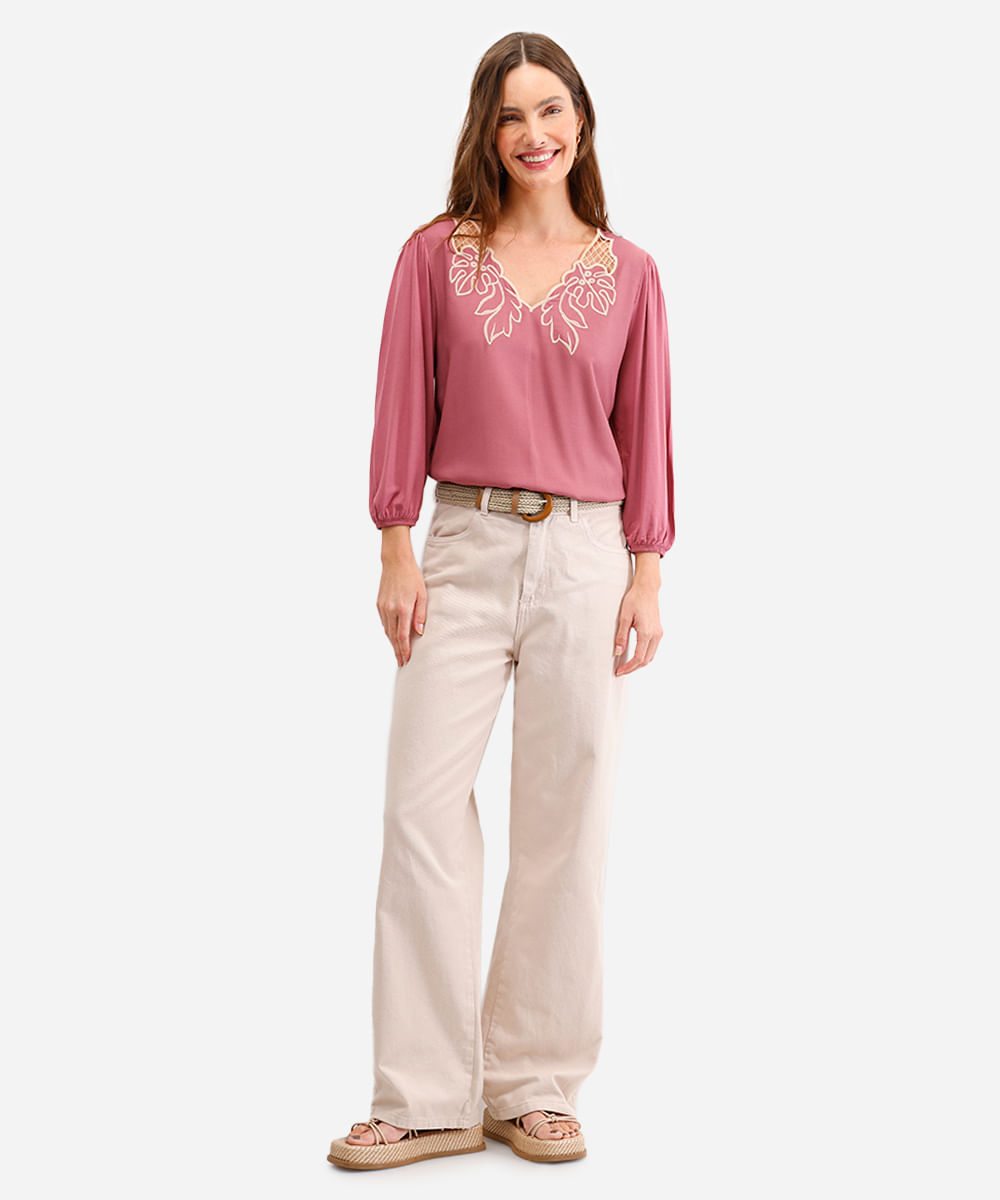 bata de viscose decote v folhagem vinho
