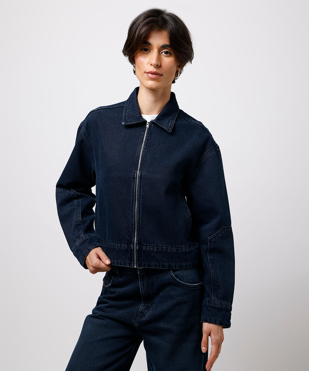 jaqueta bomber feminina jeans com recorte mindset azul