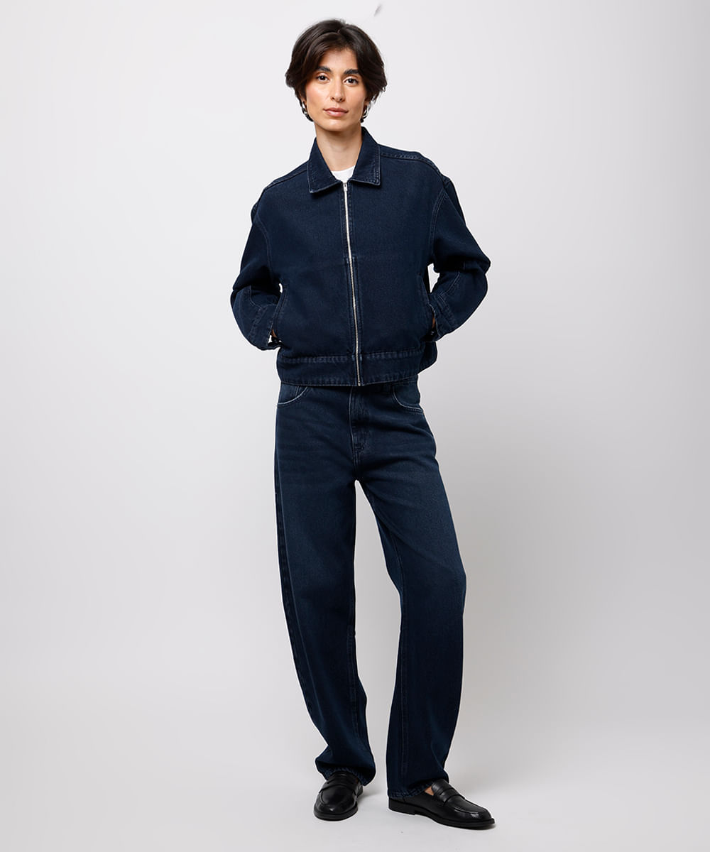 jaqueta bomber feminina jeans com recorte mindset azul