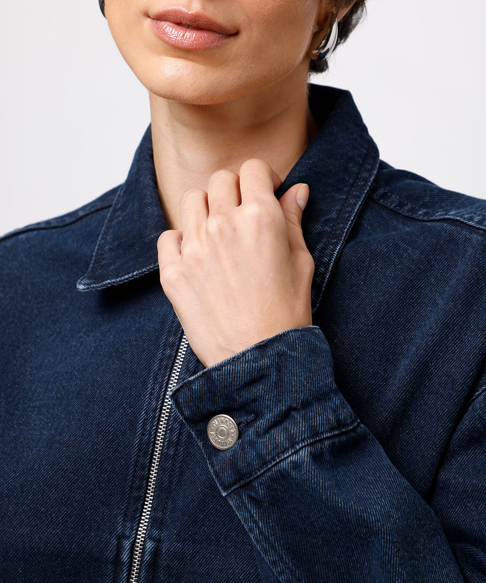 jaqueta bomber feminina jeans com recorte mindset azul