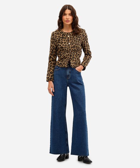 calça wide leg feminina jeans cintura alta barra desfiada azul
