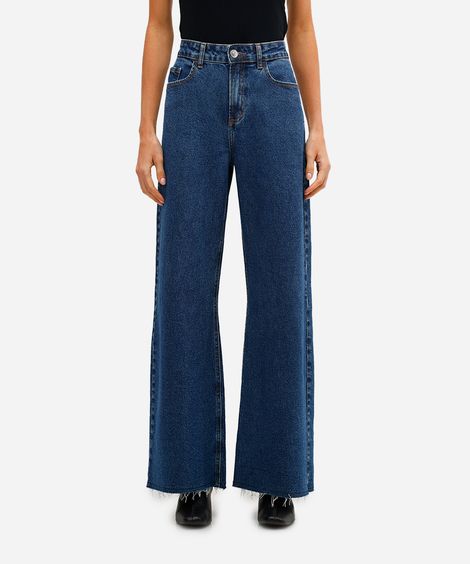 calça wide leg feminina jeans cintura alta barra desfiada azul