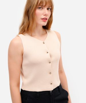 colete feminino de tricot com botões bege