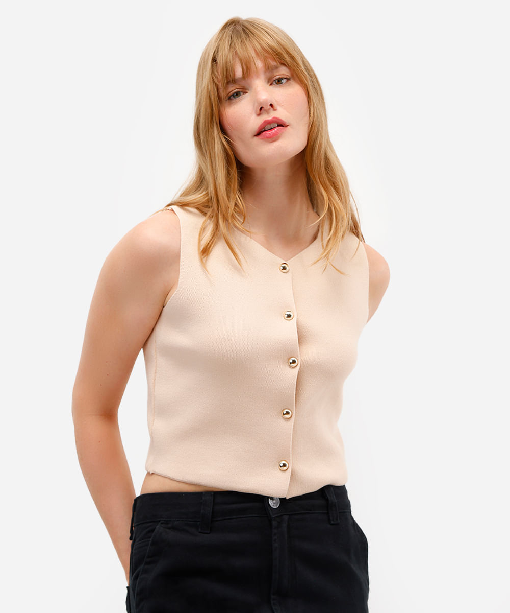 colete feminino de tricot com botões bege