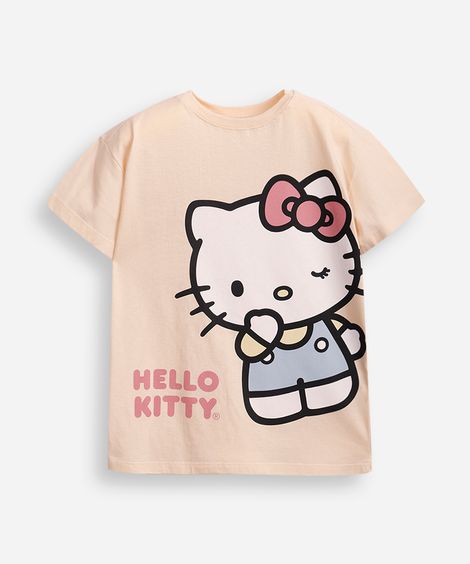 camiseta de algodão infantil lovely hello kitty bege