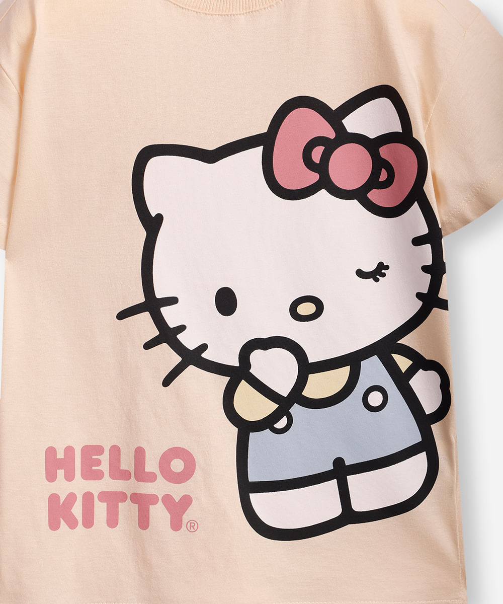 camiseta de algodão infantil lovely hello kitty bege