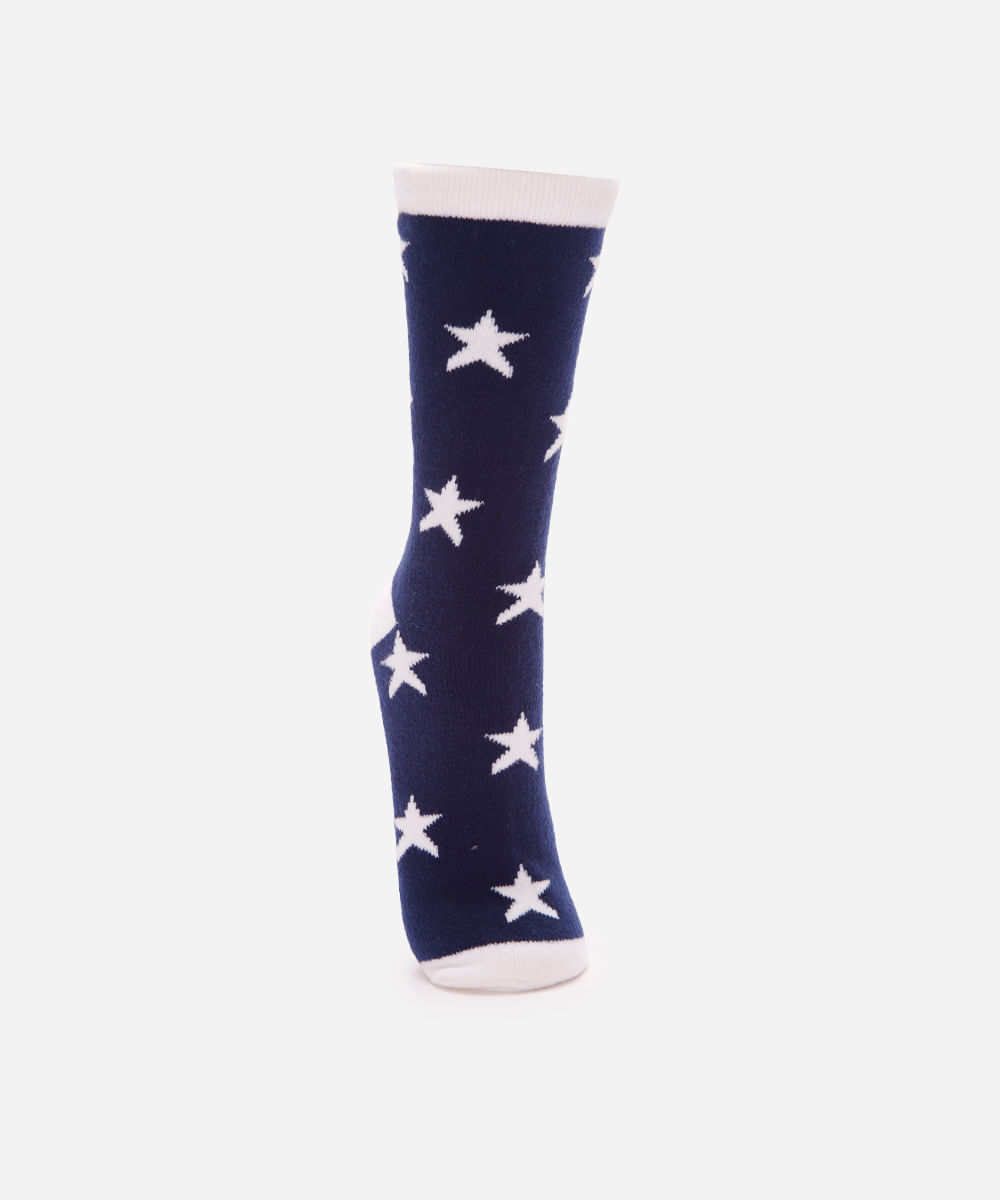 meia feminina de tricot cano longo estrela azul