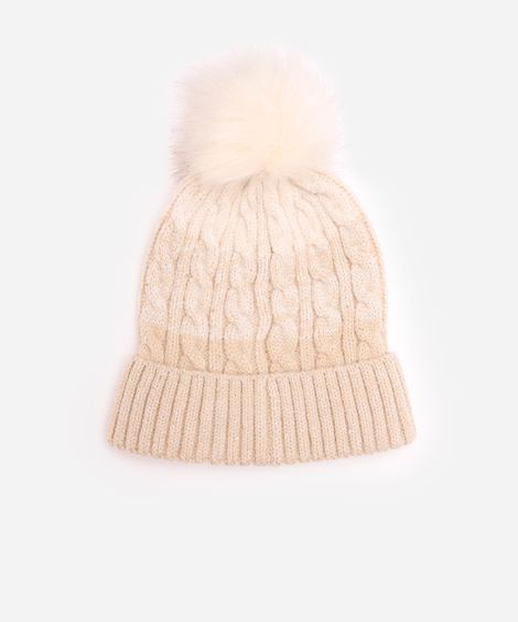 kit infantil gorro e gola com lurex e paetê bege