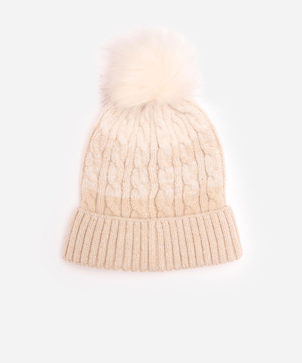 kit infantil gorro e gola com lurex e paetê bege