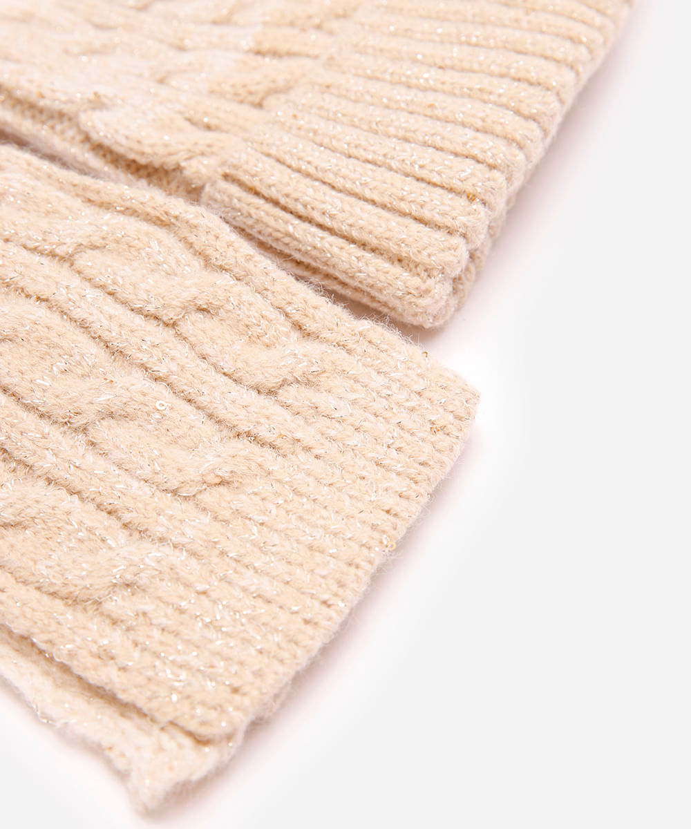 kit infantil gorro e gola com lurex e paetê bege