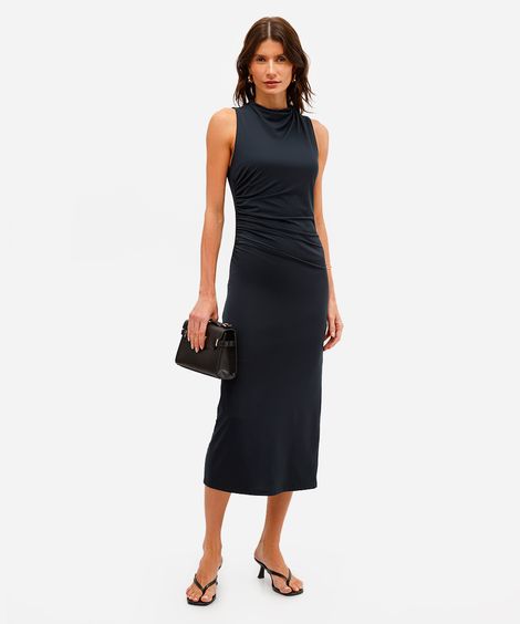 vestido midi feminino franzido com fenda preto