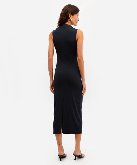 vestido midi feminino franzido com fenda preto