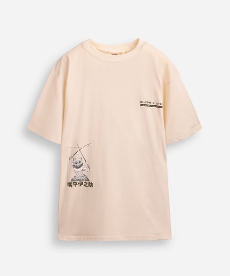 camiseta de algodão juvenil demon slayer bege