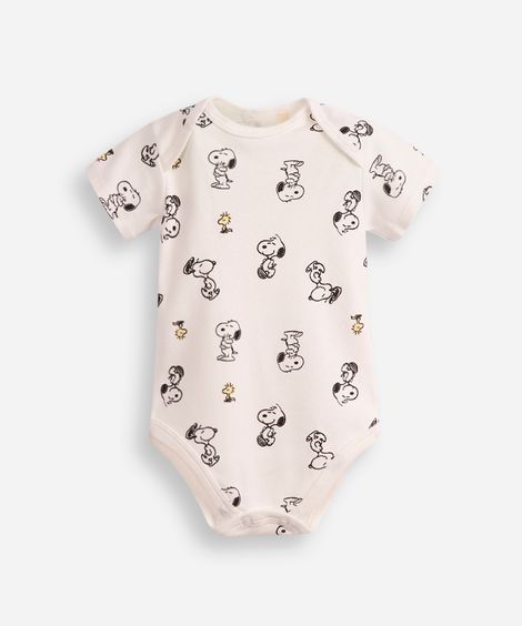 body infantil de algodão manga curta snoopy off white