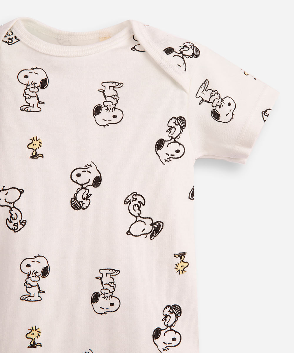 body infantil de algodão manga curta snoopy off white
