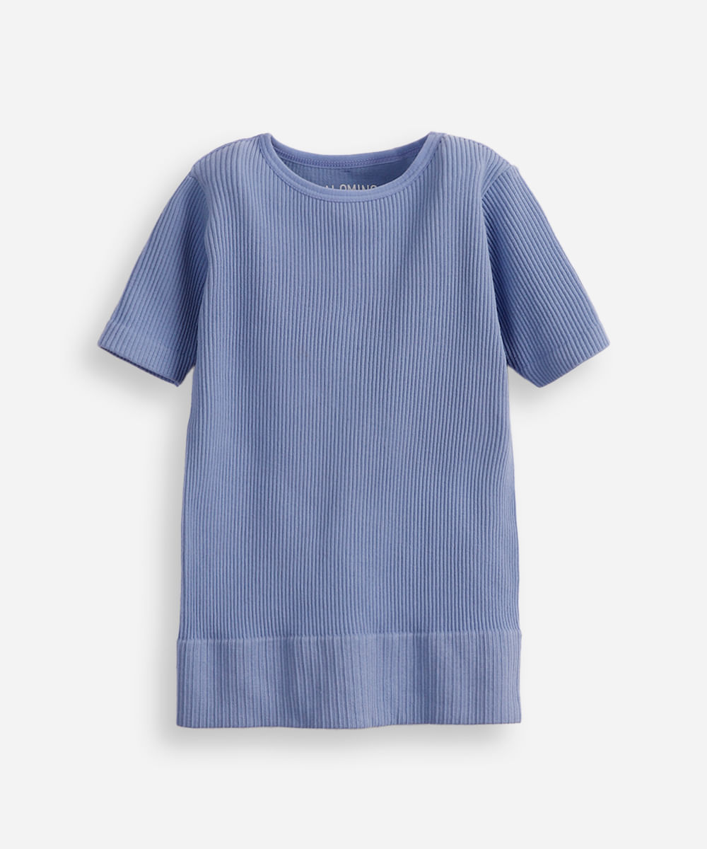 blusa infantil de poliamida canelada manga curta azul