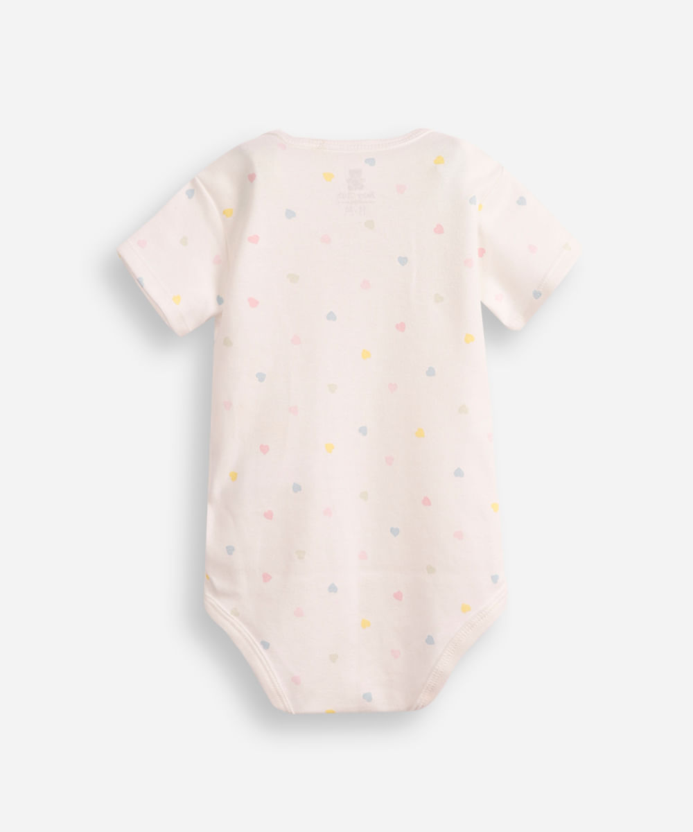 body infantil de algodão manga curta coração off white