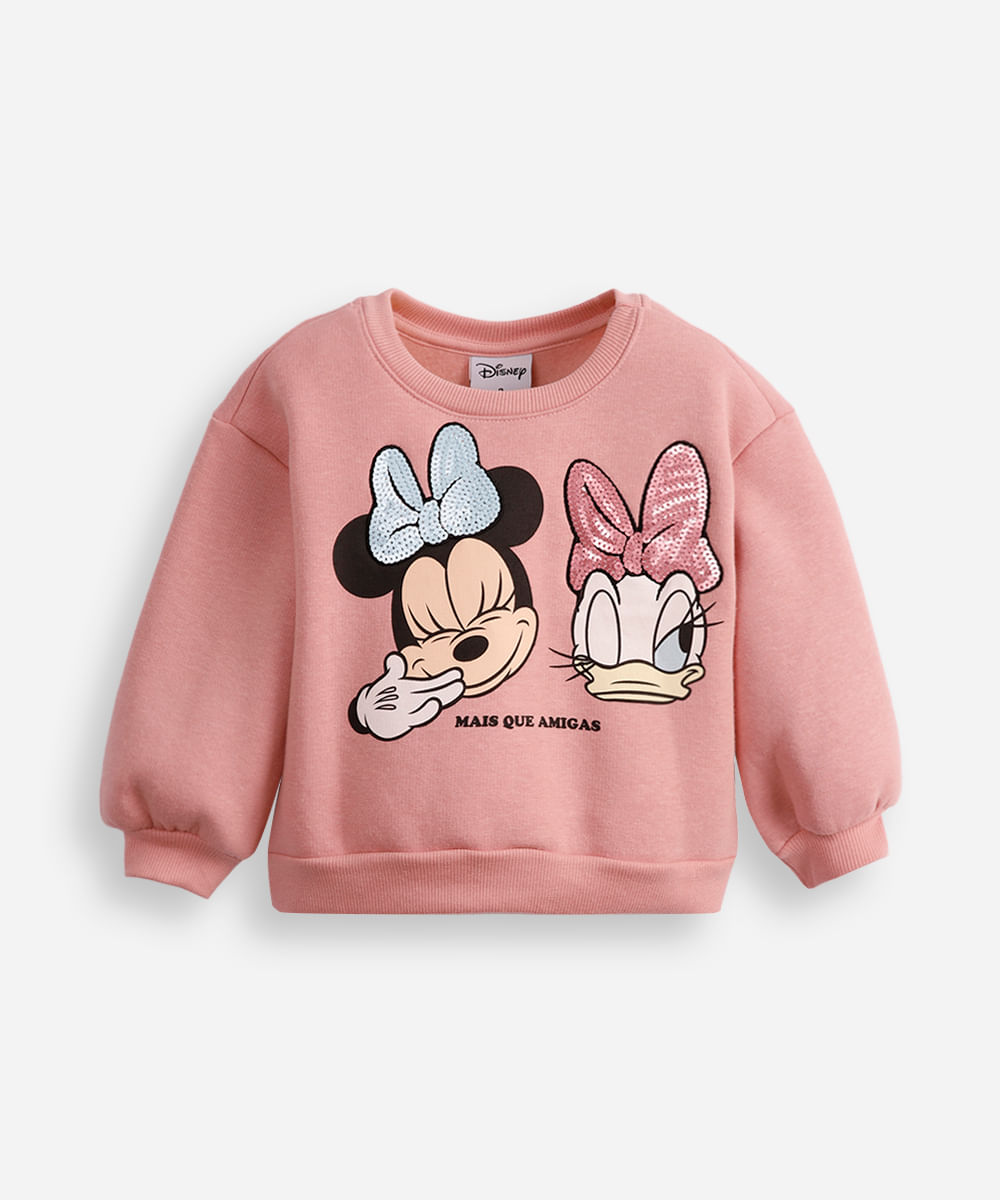 blusão de moletom infantil minnie e margarida mais que amigas - rosa velho