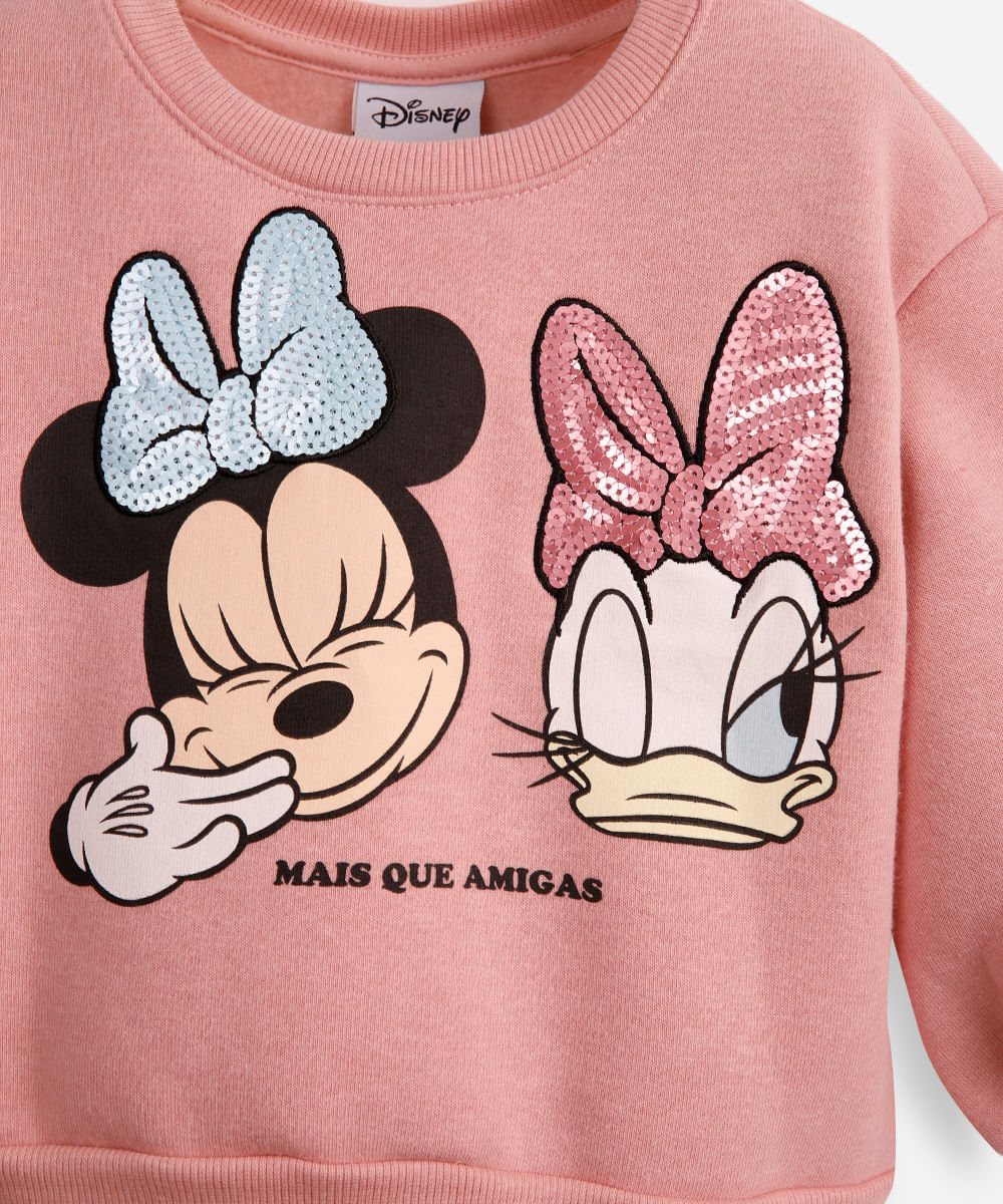 blusão de moletom infantil minnie e margarida mais que amigas - rosa velho