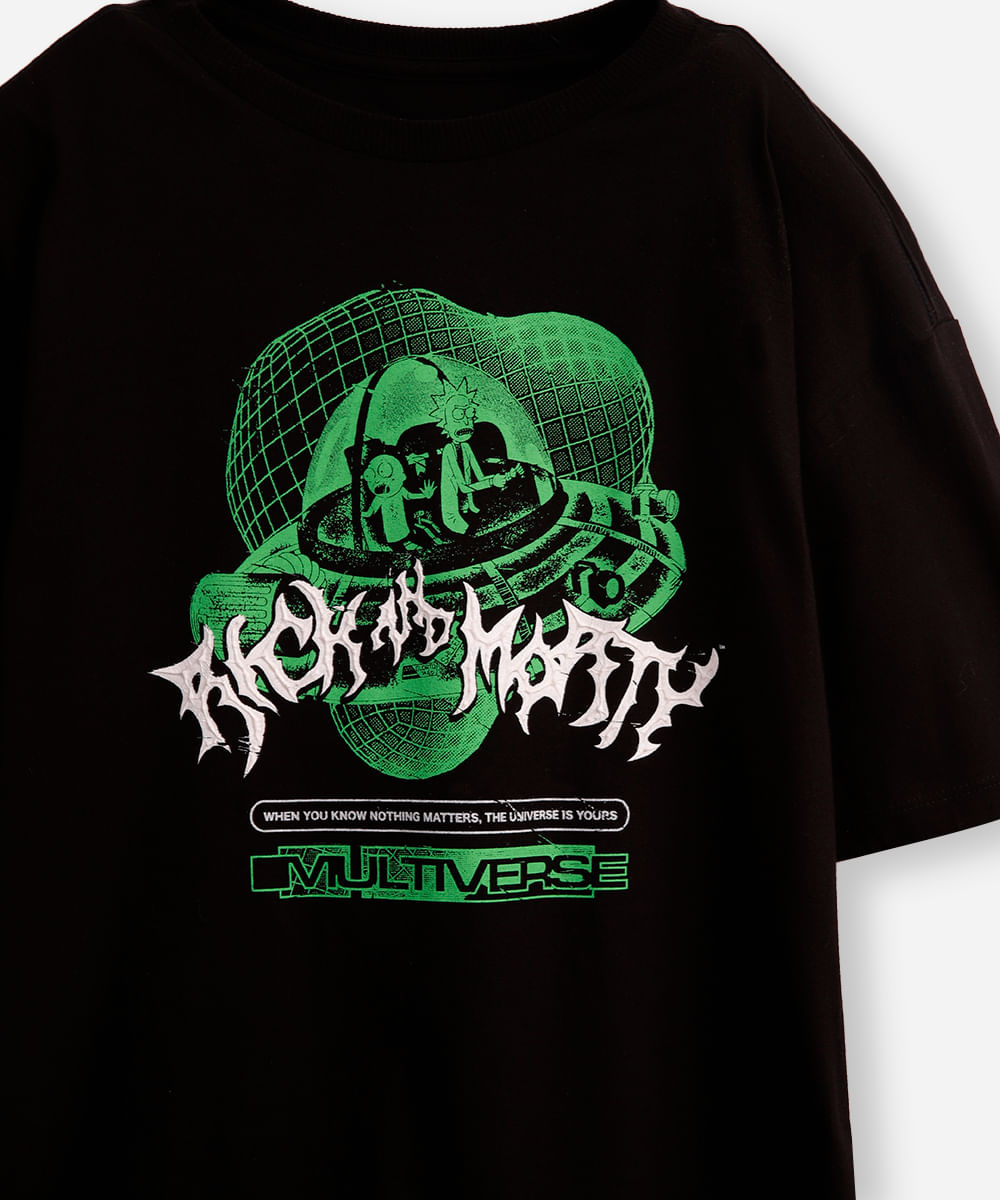 camiseta de algodão juvenil rick and morty preta