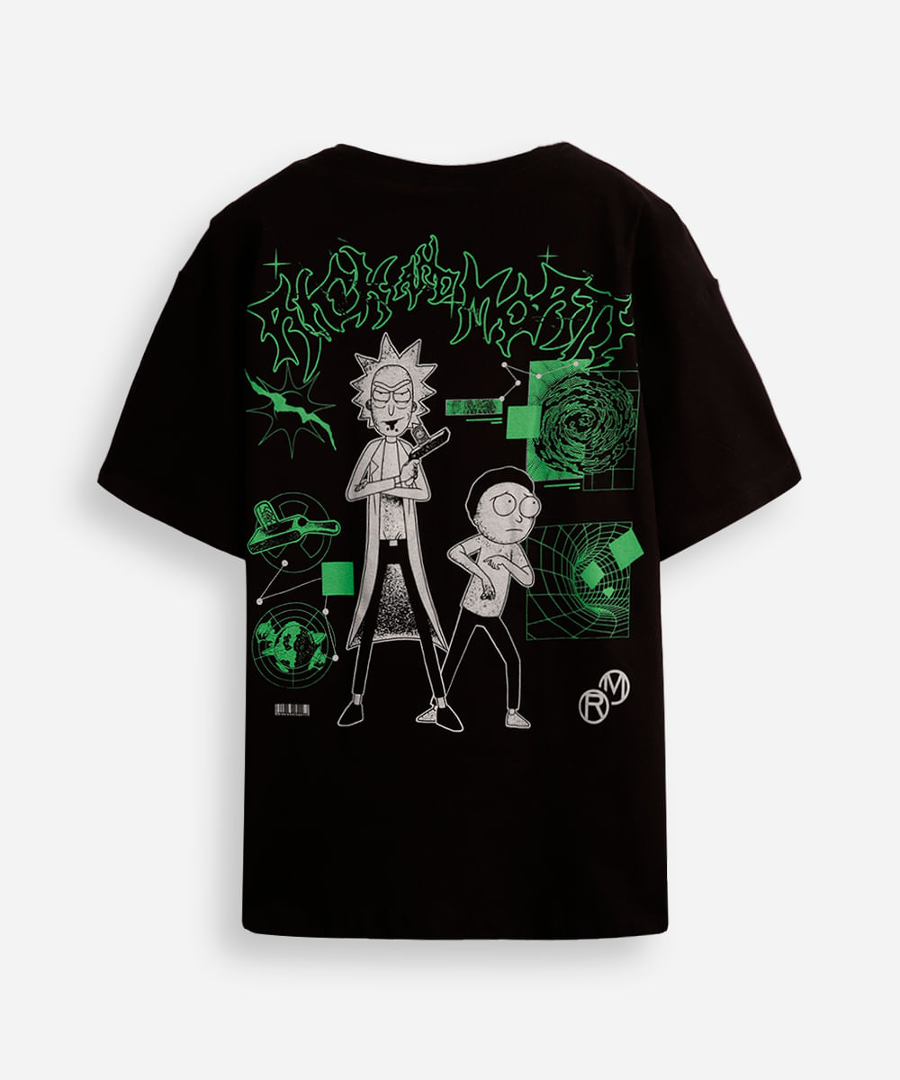 camiseta de algodão juvenil rick and morty preta
