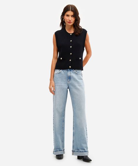 calça wide leg feminina jeans barra dobrada azul