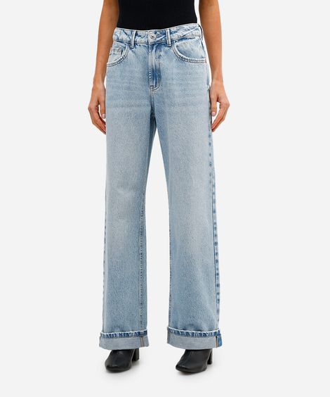 calça wide leg feminina jeans barra dobrada azul