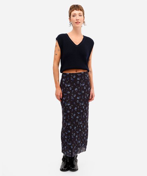 saia midi feminina de tule floral preta