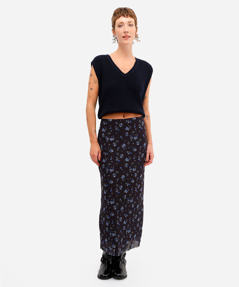 saia midi feminina de tule floral preta