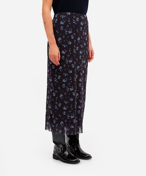 saia midi feminina de tule floral preta
