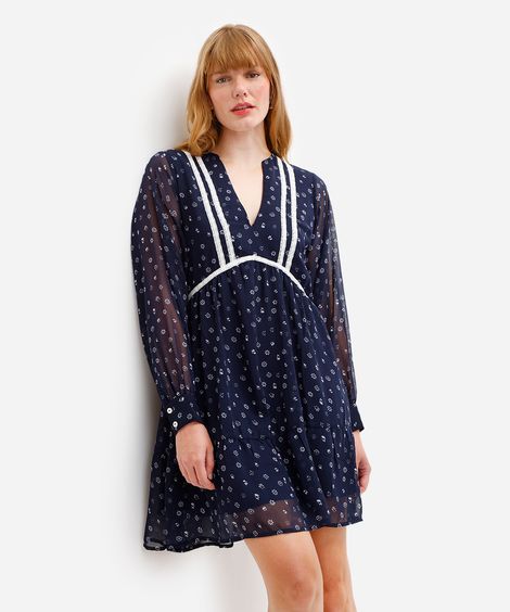 vestido curto feminino manga bufante floral - azul marinho