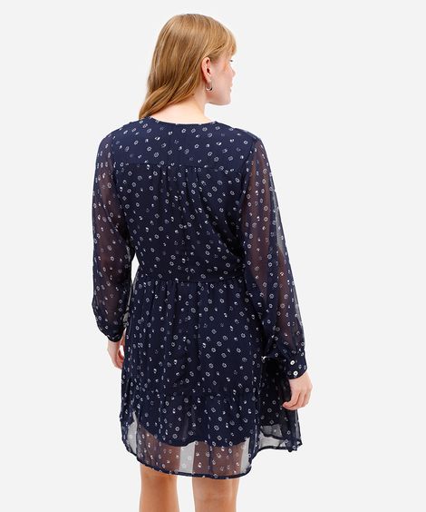 vestido curto feminino manga bufante floral - azul marinho