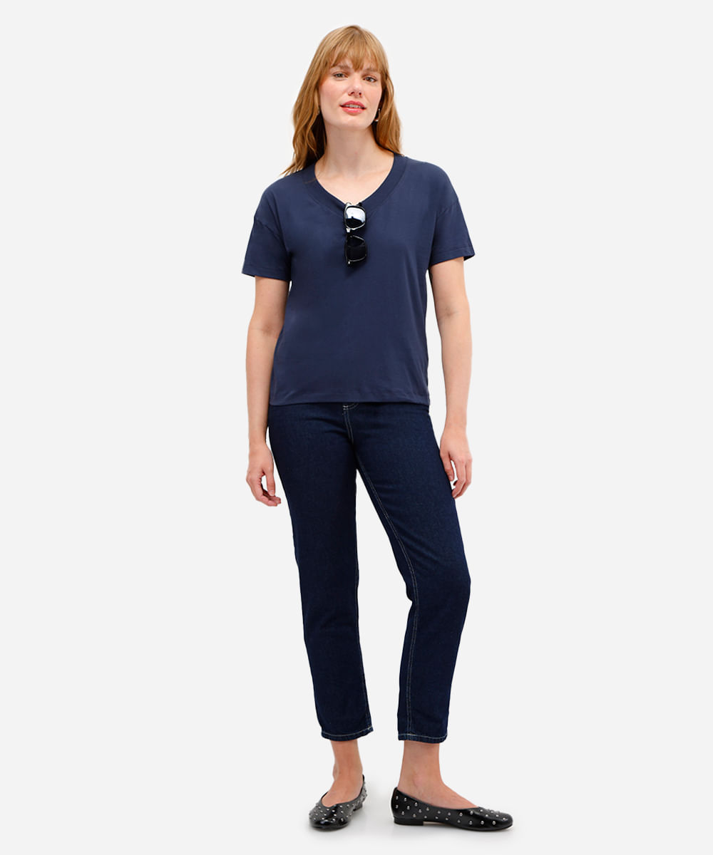 camiseta feminina de algodão decote v manga curta azul