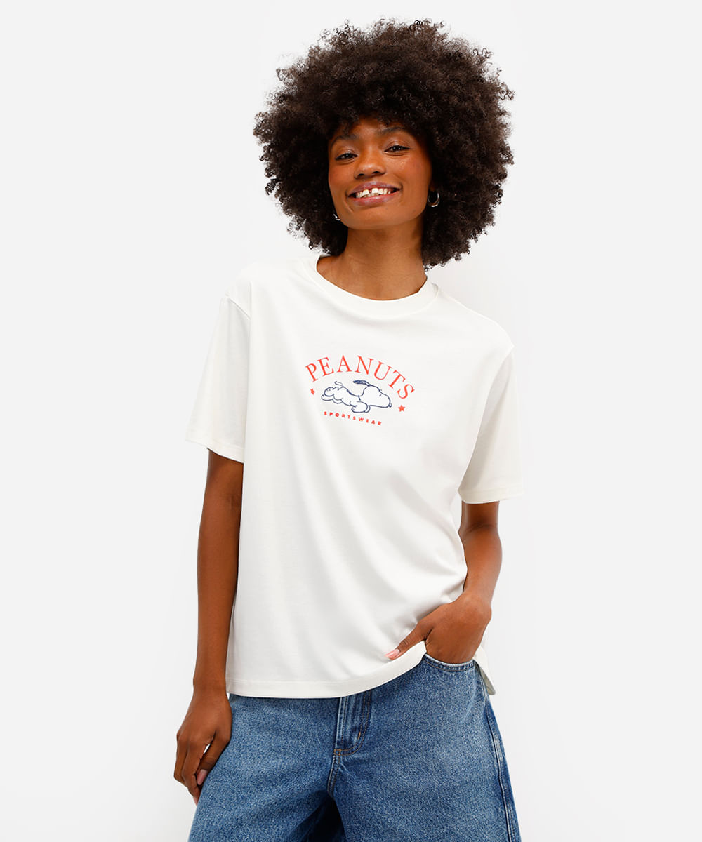 camiseta feminina de algodão peruano snoopy off white