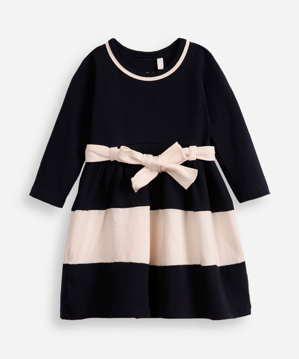 vestido infantil de algodão manga longa com faixa listrado azul