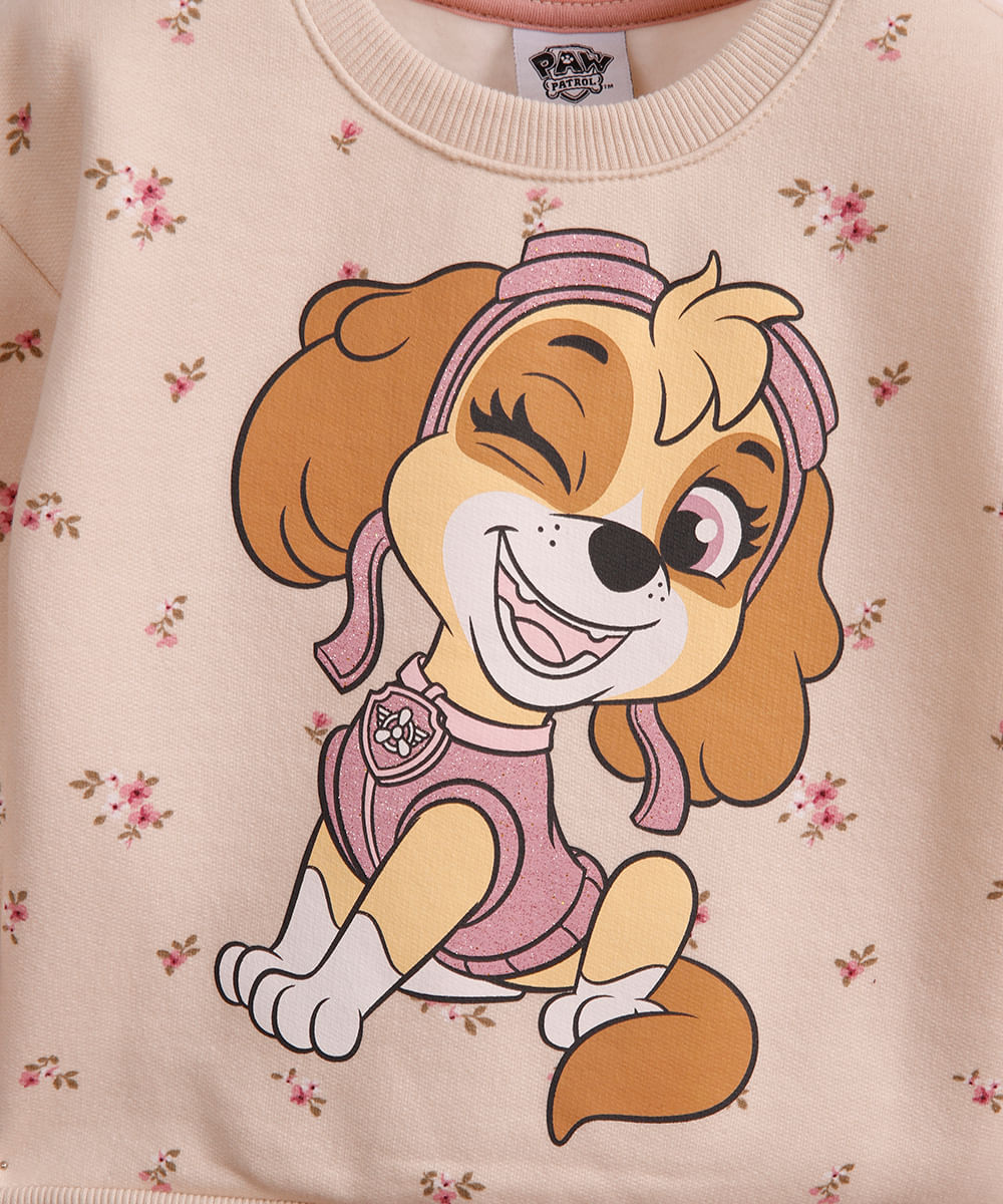 blusão de moletom infantil patrulha canina floral - bege
