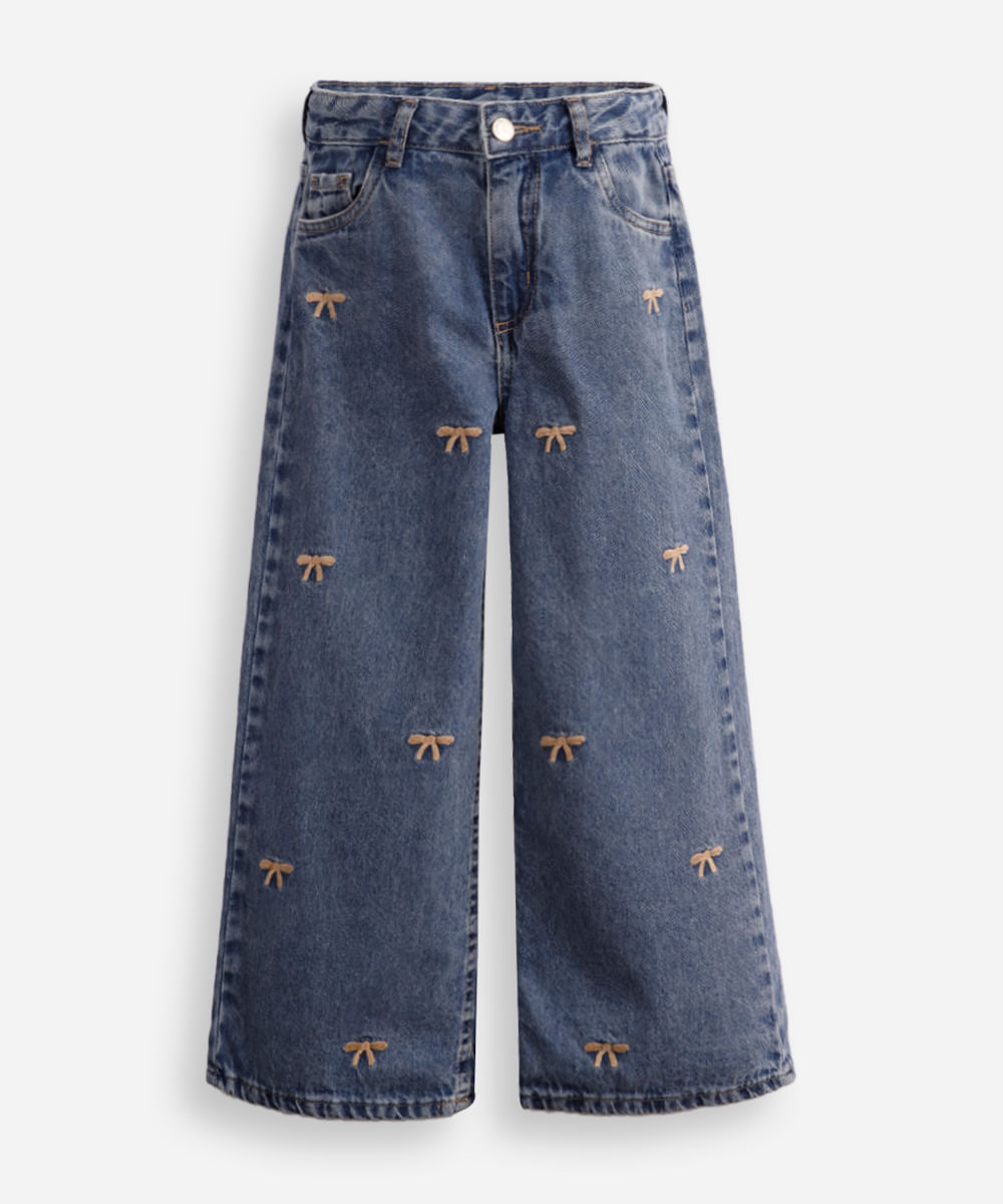 calça wide leg infantil jeans lacinhos azul