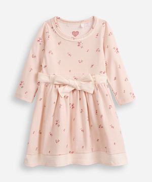 vestido infantil de algodão manga longa com faixa floral bege