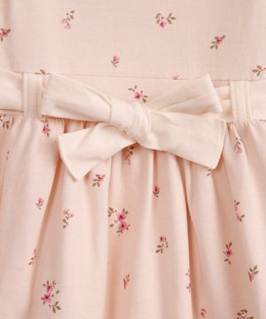 vestido infantil de algodão manga longa com faixa floral bege