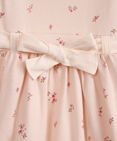 vestido infantil de algodão manga longa com faixa floral bege