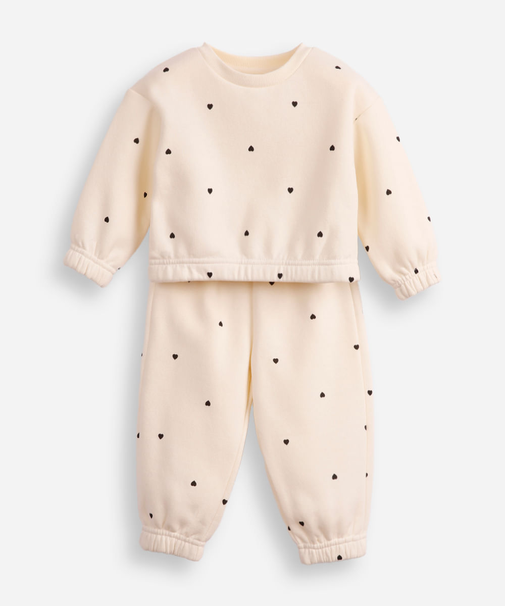 conjunto infantil longo de moletom coração off white