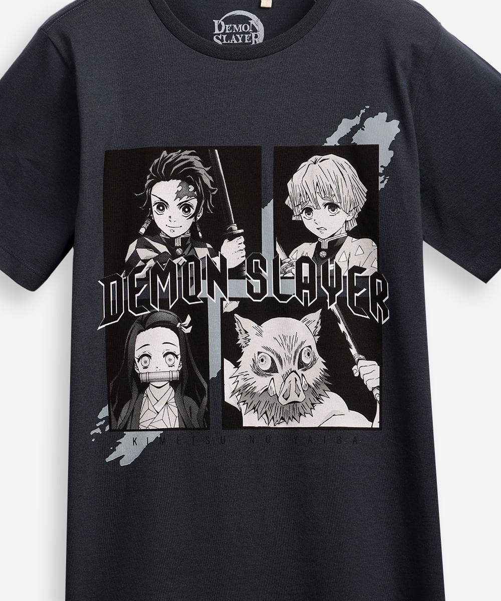 camiseta de algodão juvenil demon slayer cinza
