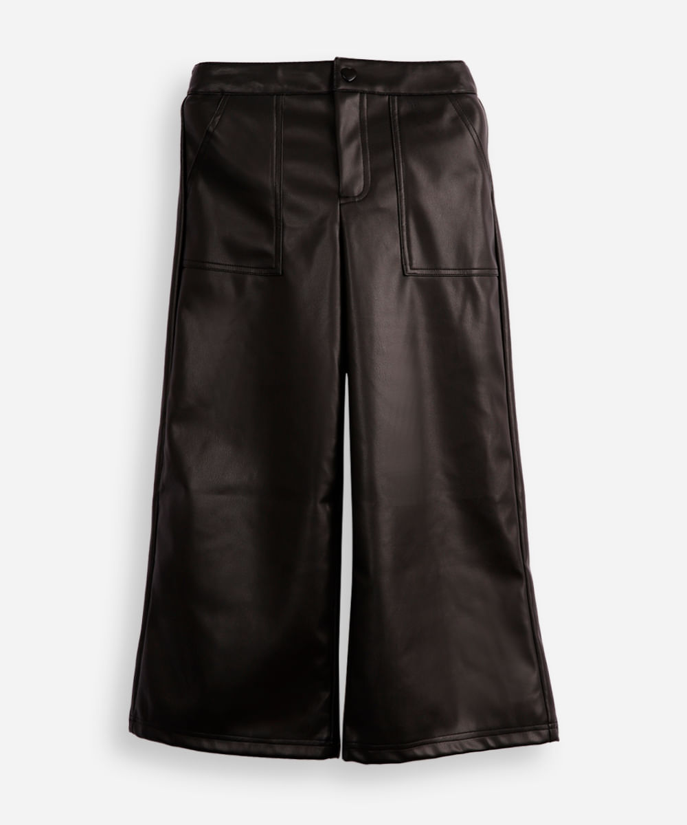 calça wide leg infantil de poliuretano preta