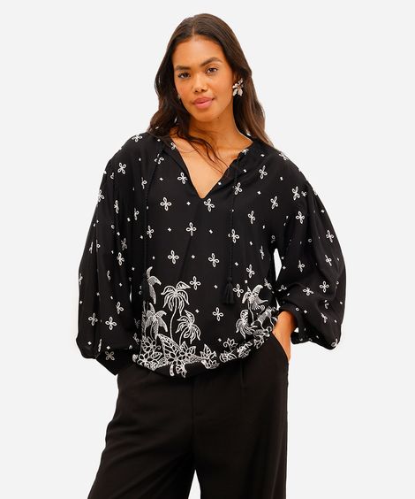 bata feminina de viscose folhagens preta