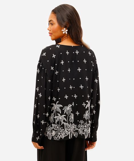 bata feminina de viscose folhagens preta